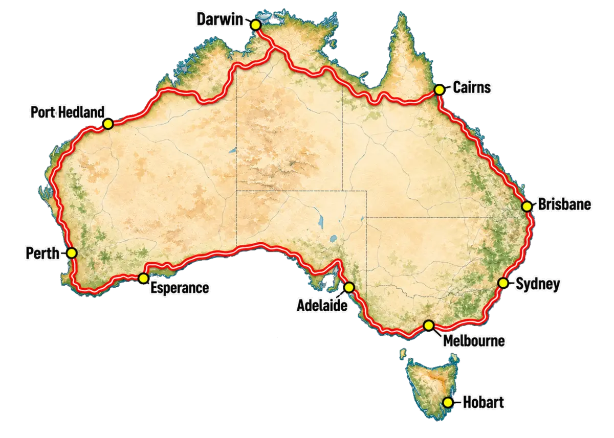 Mapa de la ruta Highway 1 alrededor de Australia